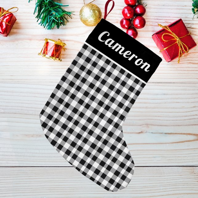 Calcetín Navideño Pequeño Búfalo Rústico Tartán Nombre blanco negro (Subido por el creador)