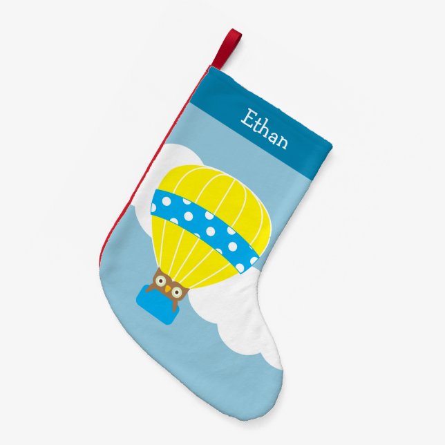 Calcetín Navideño Pequeño Búho en globo aerostático personalizado (Frente (Colgado))