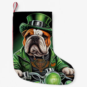 Calcetín Navideño Pequeño Bulldog conduciendo bicicleta día de San Patricio