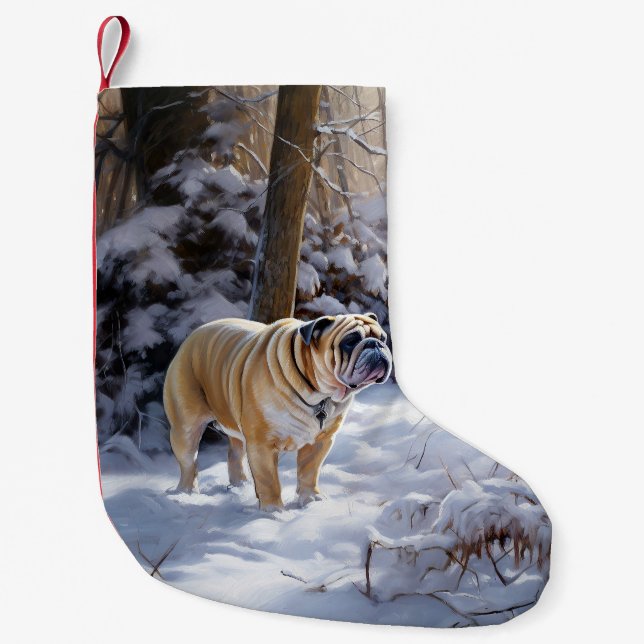Calcetín Navideño Pequeño Bulldog Dejar Que Nieva Navidades Cepillado (Anverso)