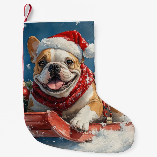 Calcetín Navideño Pequeño Bulldog en Sledge Let it Snow Navidades (Anverso)