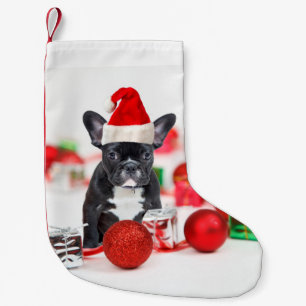 Calcetín Navideño Pequeño Bulldog francés con adornos navideños