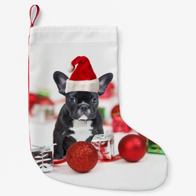 Calcetín Navideño Pequeño Bulldog francés con adornos navideños (Anverso)