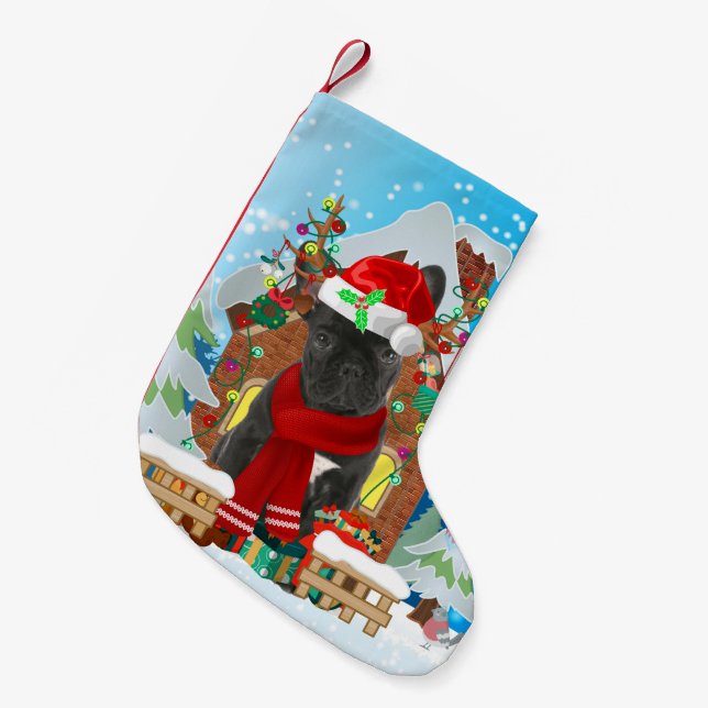 Calcetín Navideño Pequeño Bulldog francés con regalos de Navidades (Frente (Colgado))