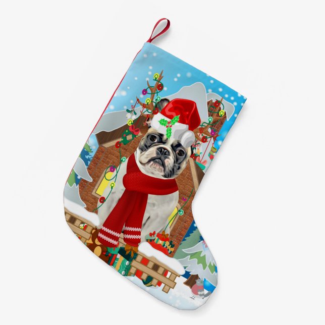 Calcetín Navideño Pequeño Bulldog francés con regalos de Navidades (Frente (Colgado))