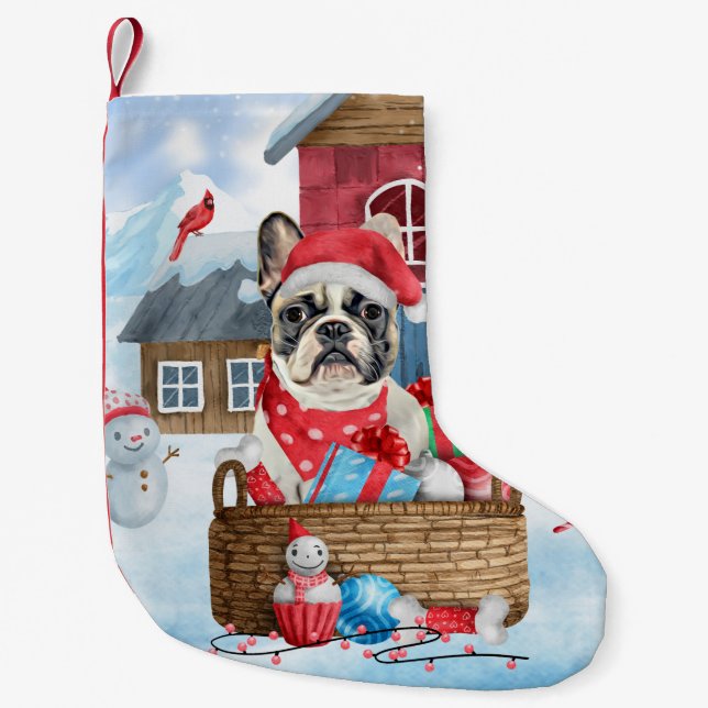 Calcetín Navideño Pequeño Bulldog francés en casa de perros de Navidades de  (Anverso)