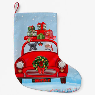 Calcetín Navideño Pequeño Bulldog Francés En Coche Con Santa Claus