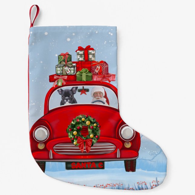 Calcetín Navideño Pequeño Bulldog Francés En Coche Con Santa Claus (Anverso)