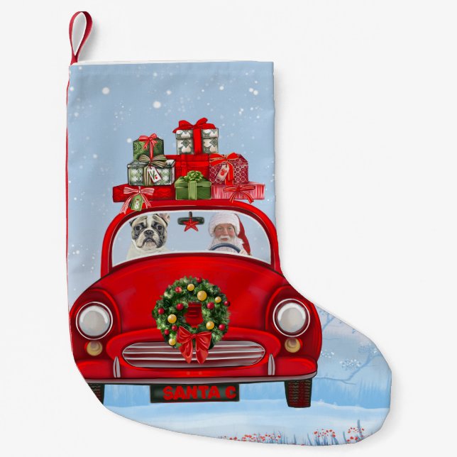 Calcetín Navideño Pequeño Bulldog Francés En Coche Con Santa Claus (Anverso)