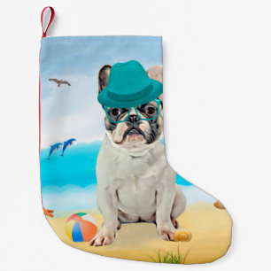 Calcetín Navideño Pequeño Bulldog francés en la playa