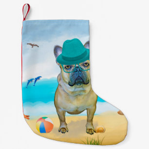 Calcetín Navideño Pequeño Bulldog francés en la playa