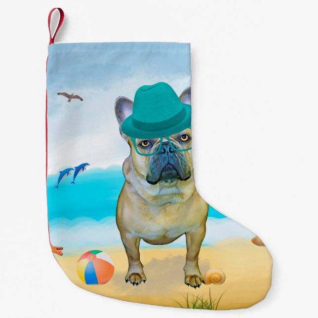 Calcetín Navideño Pequeño Bulldog francés en la playa (Anverso)