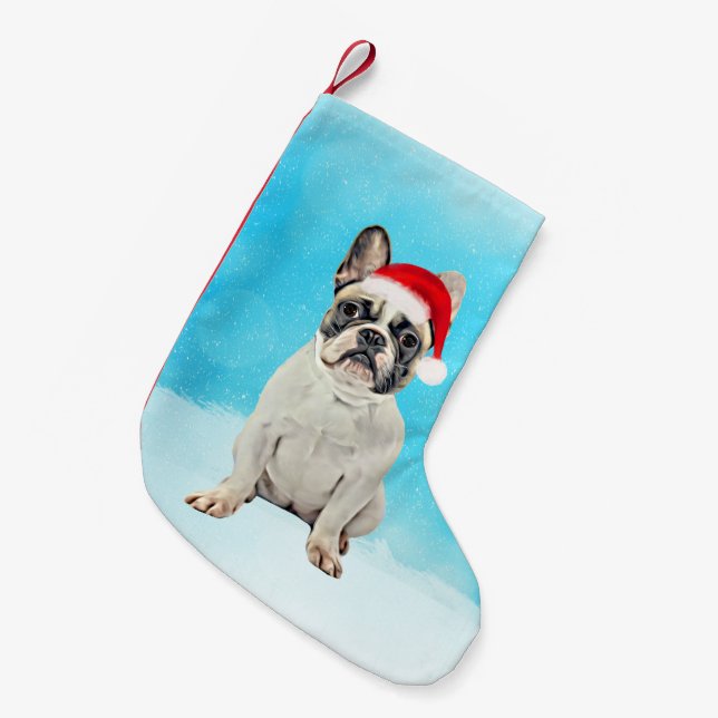 Calcetín Navideño Pequeño Bulldog francés en Santa Hat Navidades de nieve (Frente (Colgado))