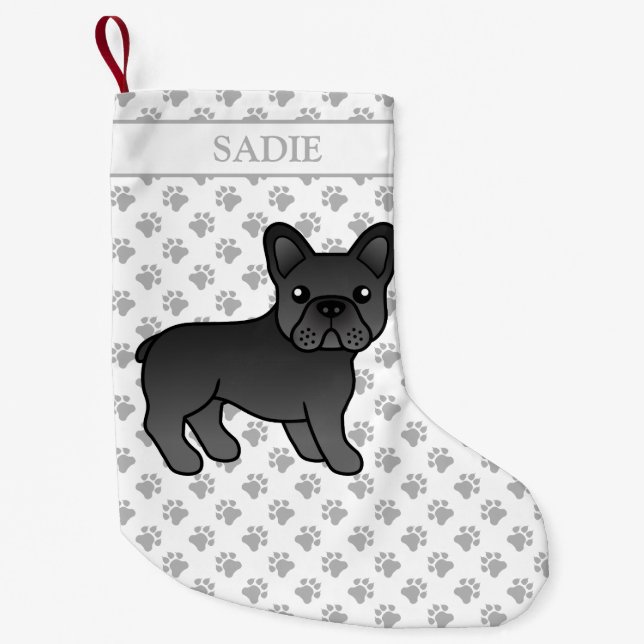 Calcetín Navideño Pequeño Bulldog francés negro adorable caricatura perro y  (Anverso)