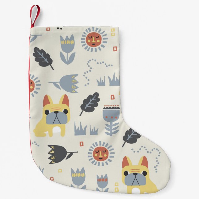 Calcetín Navideño Pequeño Bulldog francés: Repetición Floral Escandinava. (Anverso)