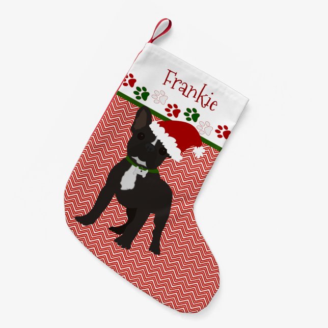 Calcetín Navideño Pequeño Bulldog francés Santa Black personalizado (Frente (Colgado))