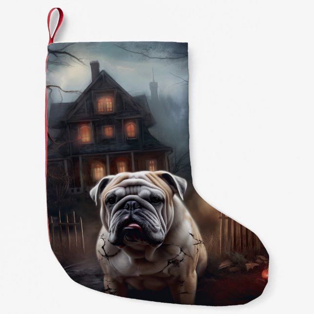 Calcetín Navideño Pequeño Bulldog Halloween Scary (Anverso)