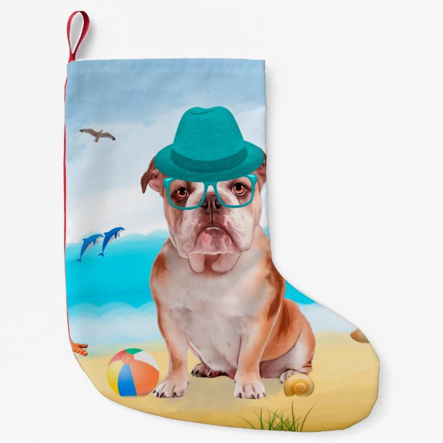 Calcetín Navideño Pequeño Bulldog inglés en la playa (Anverso)