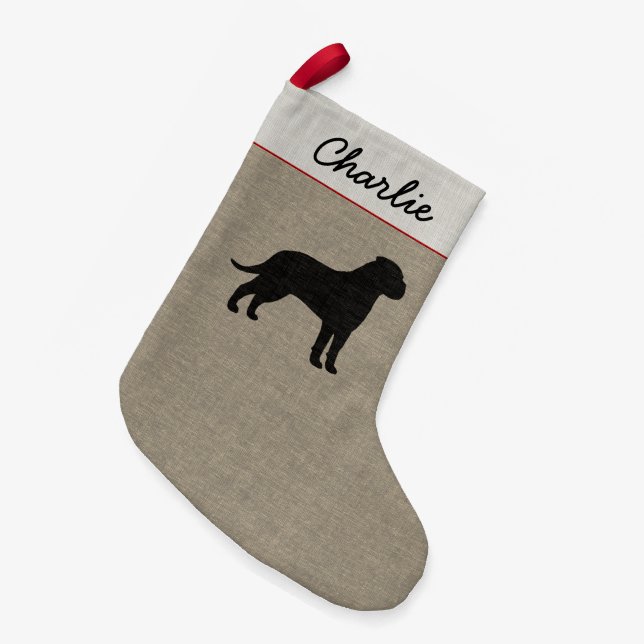 Calcetín Navideño Pequeño Bullmastiff Perro Silhouette Faux Linen Holiday (Frente (Colgado))