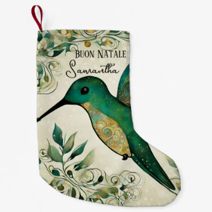 Calcetín Navideño Pequeño Buon Natale personalizado colibrí verde italiano