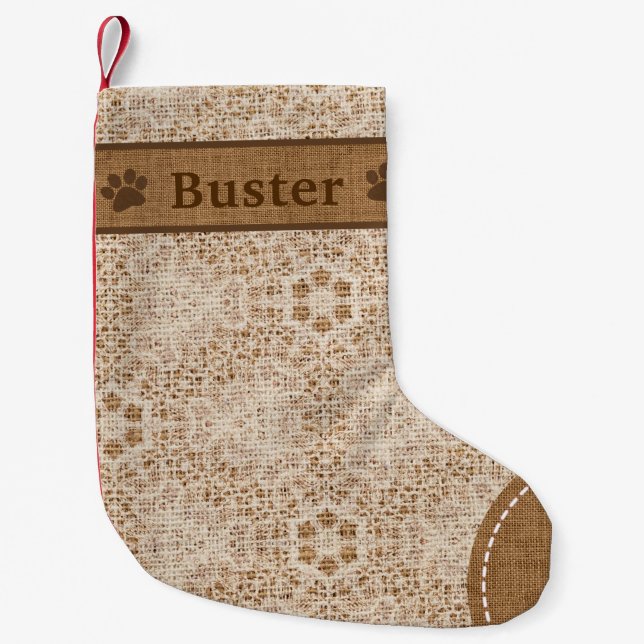 Calcetín Navideño Pequeño Burlap Rústico de perro y copo de nieve personaliz (Anverso)