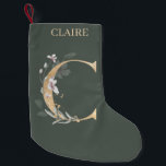 Calcetín Navideño Pequeño C Monograma Floral Personalizado Navidades Pequeño<br><div class="desc">Letra C monograma floral. Letra C en textura marrón dorada acentuada con hojas de compuestos de acuarela verde,  flores y polvo de oro. Personalizado con el nombre en el tipo de letra coincidente.</div>