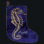 Calcetín Navideño Pequeño Caballo elegante Blue Gold Beach Sea<br><div class="desc">Elegante casa de playa azul,  dorada y blanca. Caballo marino de color oro con nombre monogramado.</div>