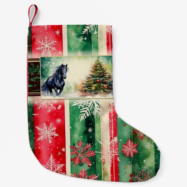 Calcetín Navideño Pequeño Caballo negro y árbol de Navidad en franja de vaca (Anverso)
