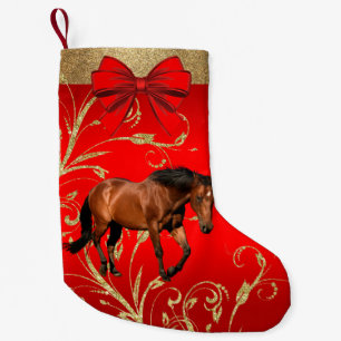 Calcetín Navideño Pequeño Caballo occidental de Brown en rojo y oro