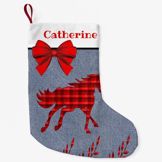 Calcetín Navideño Pequeño Caballo Rojo Oeste De Plata En Faux Denim (Anverso)
