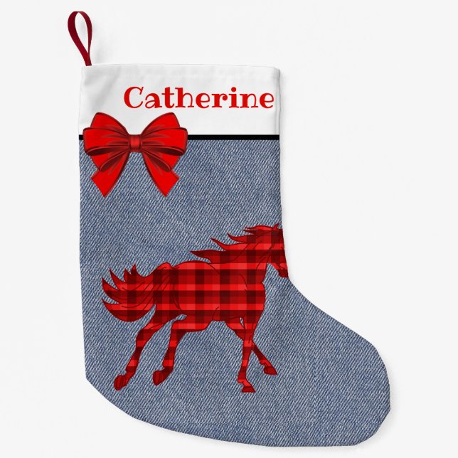 Calcetín Navideño Pequeño Caballo Rojo Oeste De Plata En Faux Denim (Anverso)
