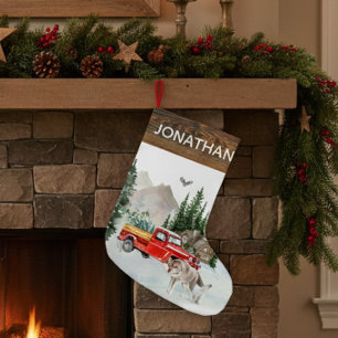 Calcetín Navideño Pequeño Cabaña de Camión de Acuarela Rústica Boscosa Lobo