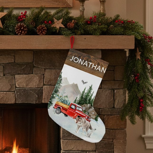 Calcetín Navideño Pequeño Cabaña de Camión de Acuarela Rústica Boscosa Lobo (Subido por el creador)