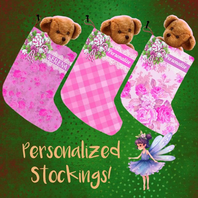 Calcetín Navideño Pequeño Cabaña dulce rosa y morada (Personalize these darling stockings!)
