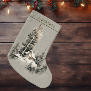Calcetín Navideño Pequeño Cabaña rústica de invierno con acuarela