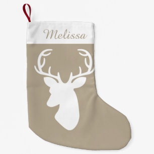 Calcetín Navideño Pequeño Cabeza de ciervo beige y blanco con nombre persona
