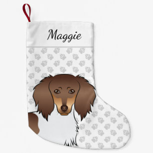 Calcetín Navideño Pequeño Cabeza de Dachshund de pelo largo Piebald de choco