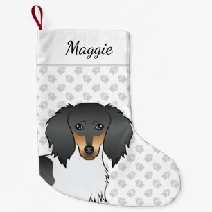 Calcetín Navideño Pequeño Cabeza de Dachshund Piebald Negro y Canela Pelo La