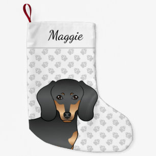 Calcetín Navideño Pequeño Cabeza de perro Dachshund liso negro y fuego