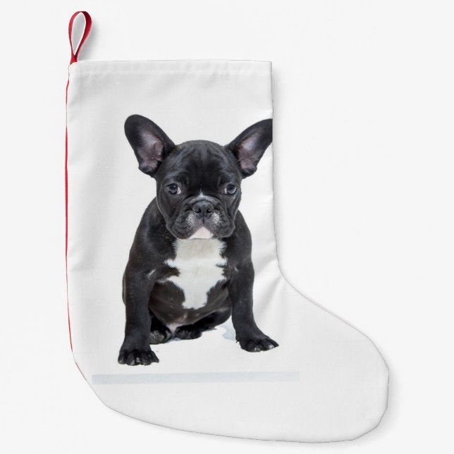 Calcetín Navideño Pequeño Cachorro de Bulldog francés (Anverso)