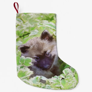 Calcetín Navideño Pequeño Cachorro Keeshond en el jardín pintura arte origin