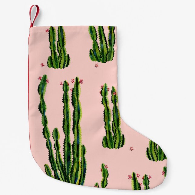 Calcetín Navideño Pequeño Cacti acuarela: Floreciente patrón sin foco (Anverso)