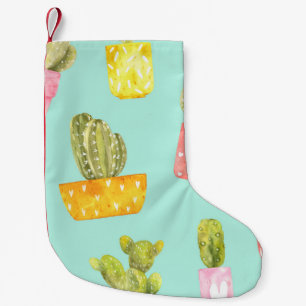 Calcetín Navideño Pequeño Cacti espinoso en ollas, patrón de acuarela.