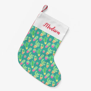 Calcetín Navideño Pequeño Cactus de neón de la acuarela en modelo de los