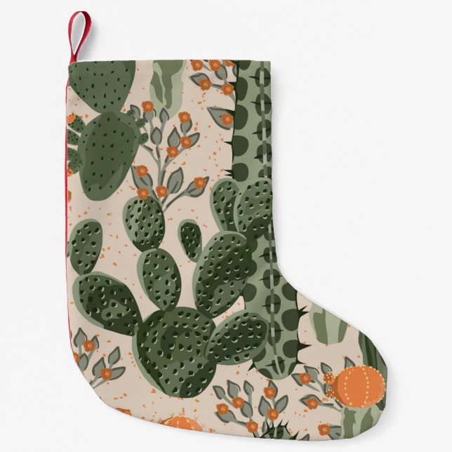 Calcetín Navideño Pequeño Cactus suculentas verdes y flores naranjas  (Anverso)