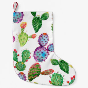 Calcetín Navideño Pequeño Cactus tropical pintado a mano con acuarela. Sin i