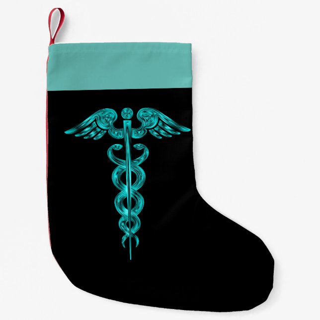 Calcetín Navideño Pequeño Caduceo médico de la turquesa de la enfermera (Anverso)