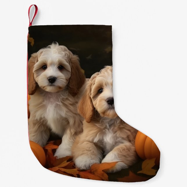 Calcetín Navideño Pequeño Calabaza deslumbrante de cachorro de Cockapoo (Anverso)