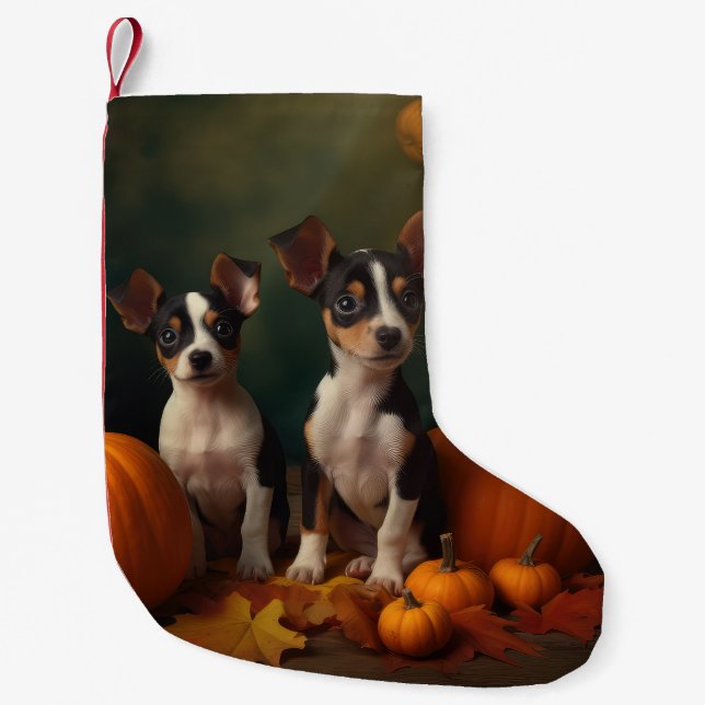 Calcetín Navideño Pequeño Calabaza deslumbrante Rat Terrier Puppy Autumn (Anverso)