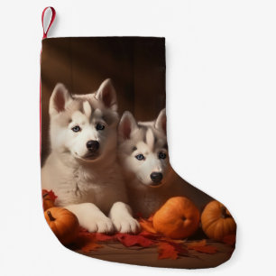 Calcetín Navideño Pequeño Calabaza deslumbrante siberiana Husky Puppy otoño